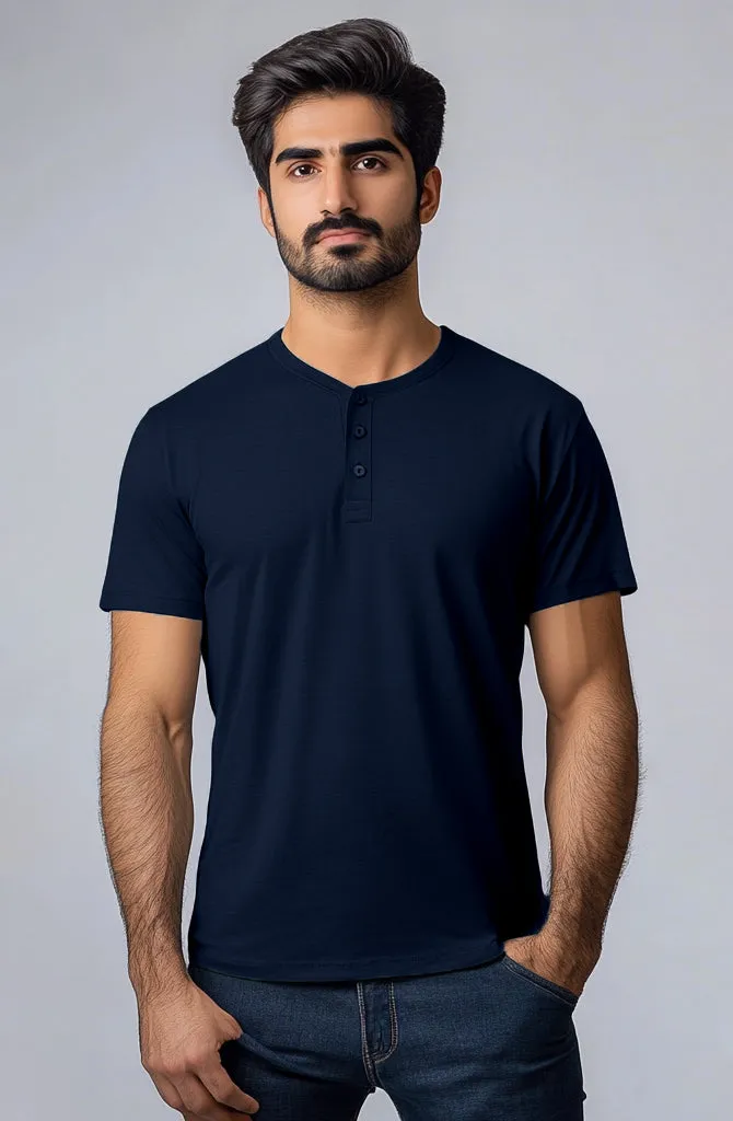 Cotton Henley Short Sleeve T-Shirt (Stretchable) Navy