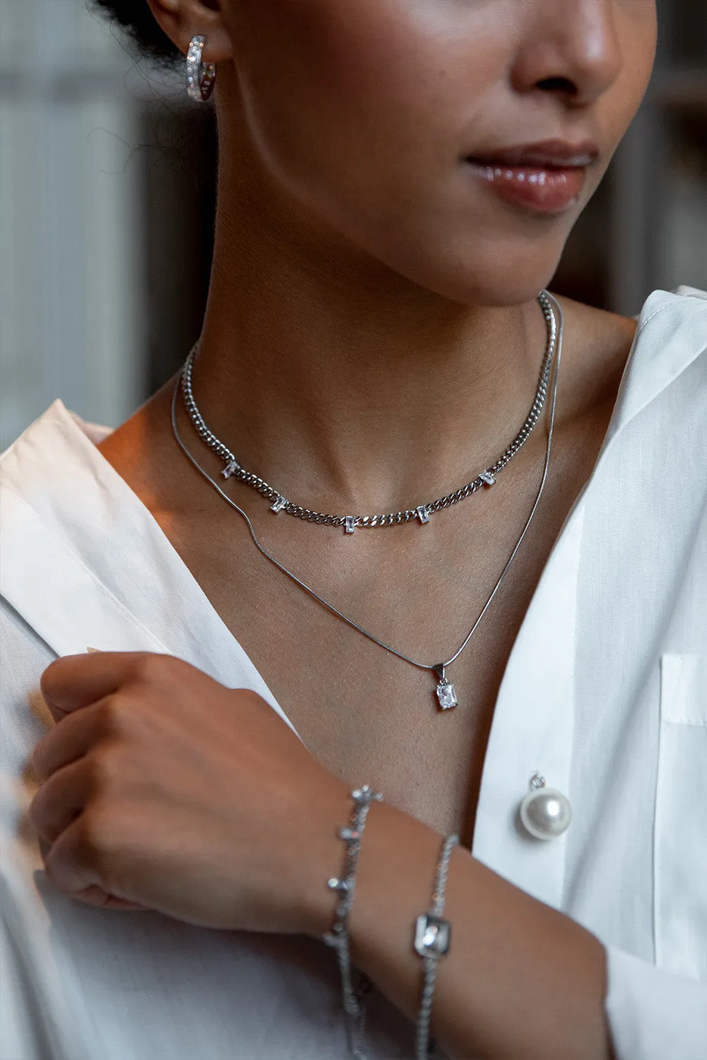 Curb Baguette Necklace Silver