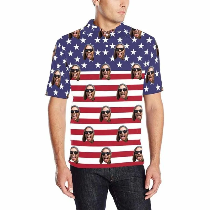 Custom Face American Flag All Over Print Polo Shirt Personalized Men's Golf Shirt