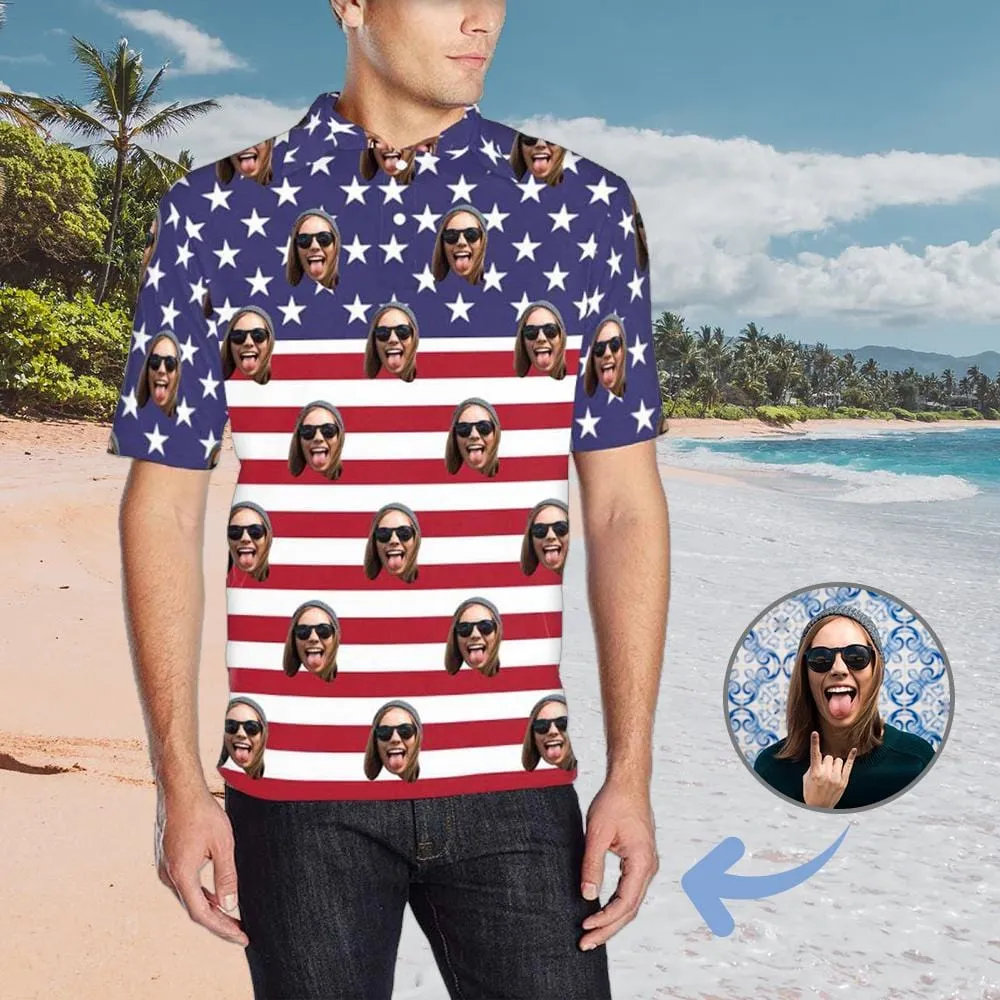 Custom Face American Flag All Over Print Polo Shirt Personalized Men's Golf Shirt