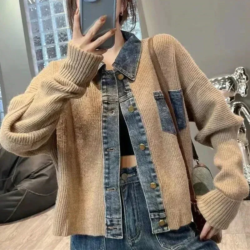 Denim and Knit Patchwork Knitted Western-style Cardigan Jacket