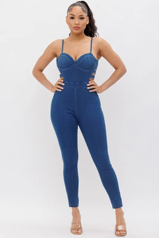 DENIM SPAGEHTTI STRAP JUMPSUIT WITH SIDE CUTOUTS