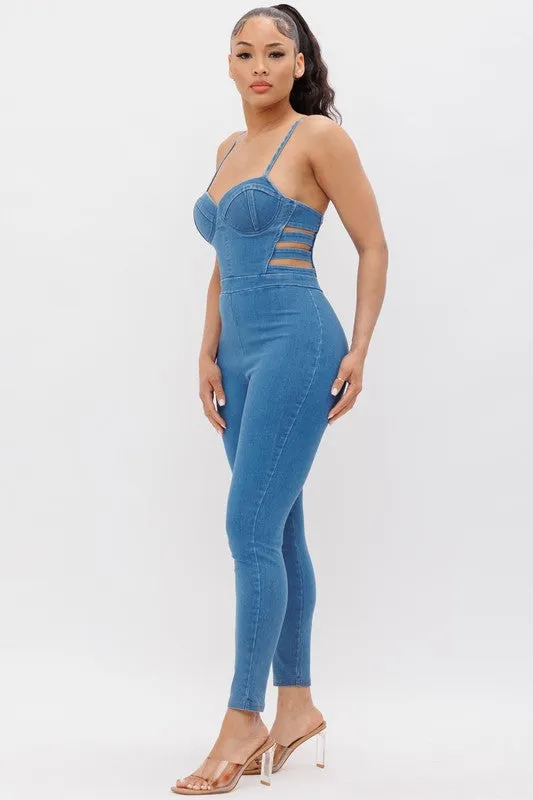 DENIM SPAGEHTTI STRAP JUMPSUIT WITH SIDE CUTOUTS