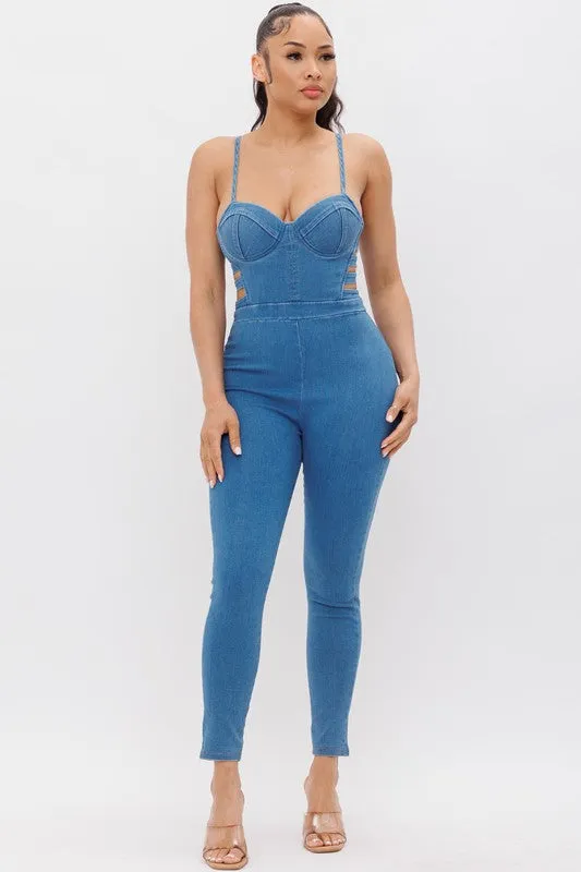 DENIM SPAGEHTTI STRAP JUMPSUIT WITH SIDE CUTOUTS