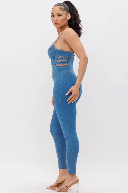 DENIM SPAGEHTTI STRAP JUMPSUIT WITH SIDE CUTOUTS