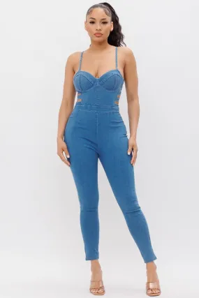 DENIM SPAGEHTTI STRAP JUMPSUIT WITH SIDE CUTOUTS