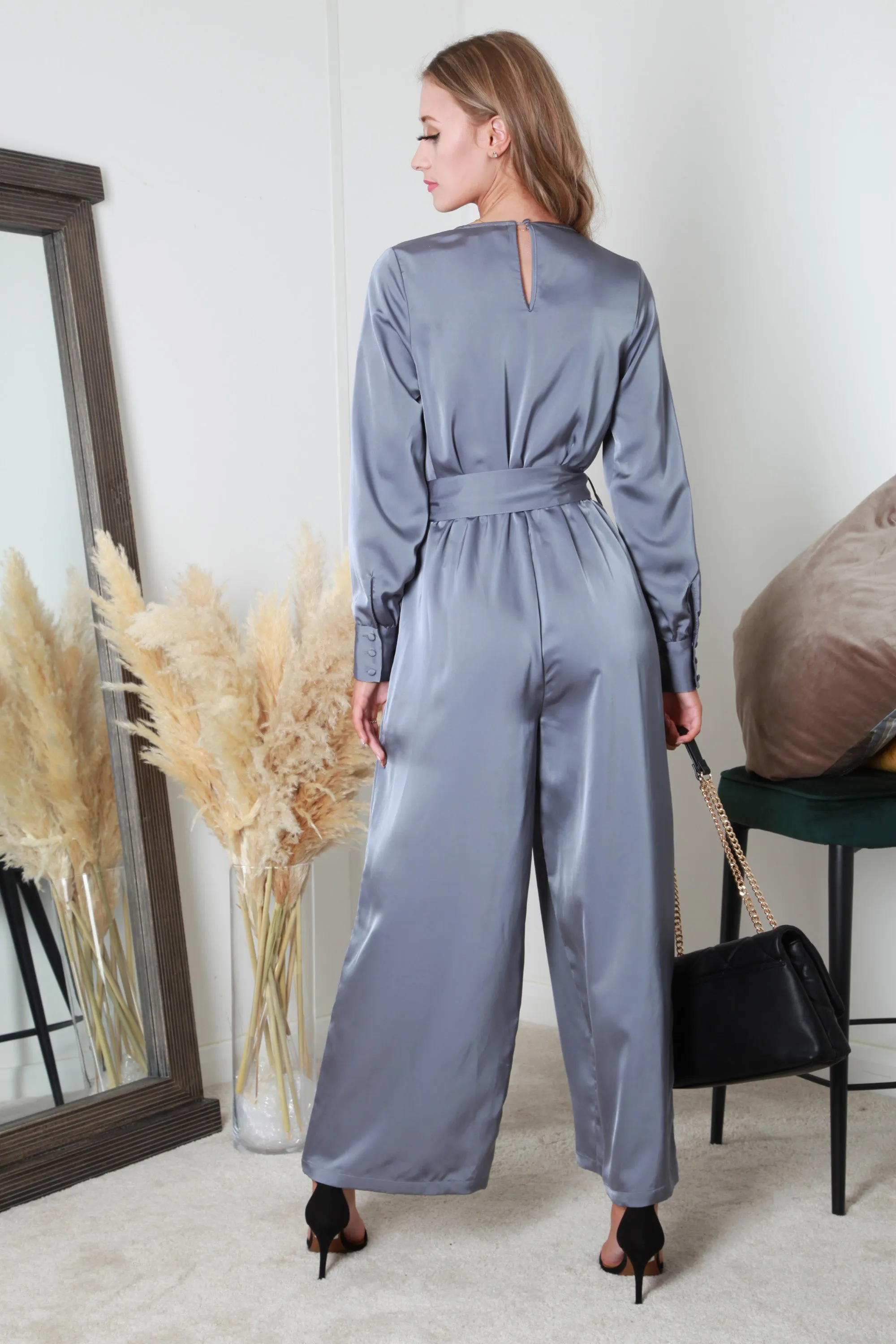 Double Second Silver/blue Lux Satin Wrap Jumpsuit