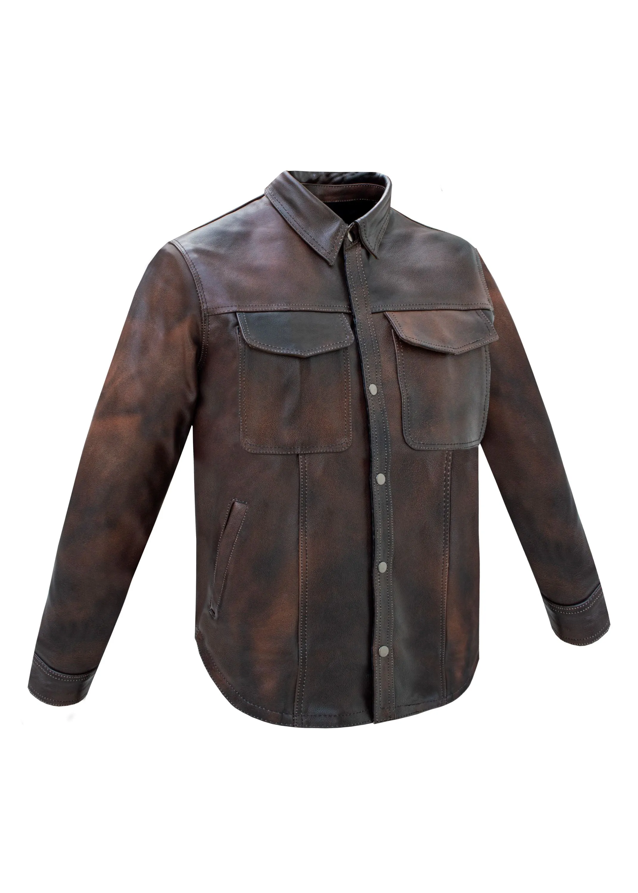 Dream Apparel® Mens Distressed Brown Leather Motorcycle Shirt with Concealed Carry