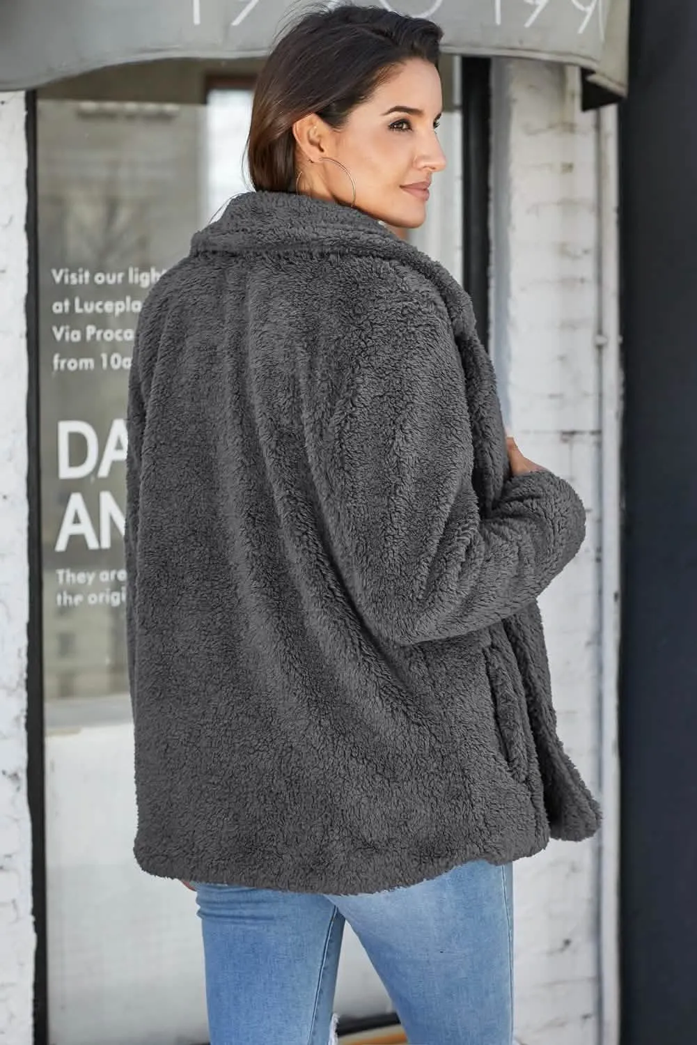 Elegant Charcoal Fleece Winter Coat with Functional Pockets