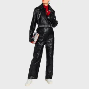 Elite Textured Black Leather Women's Jumpsuit