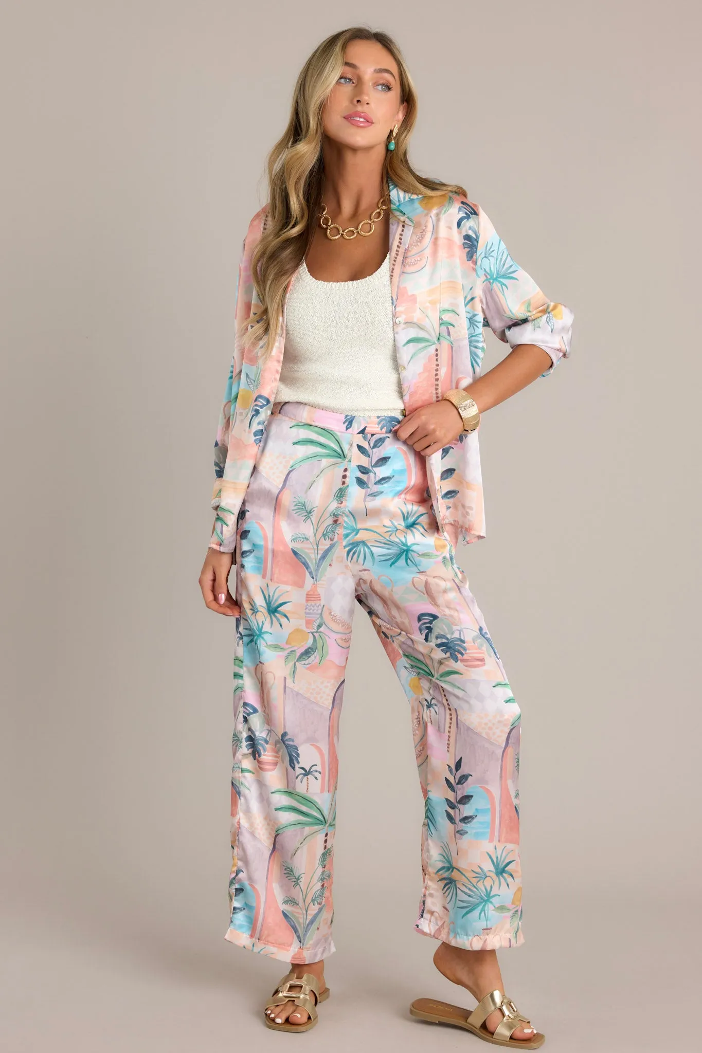 Exotic Breeze Orange Peach Tropical Print Pants