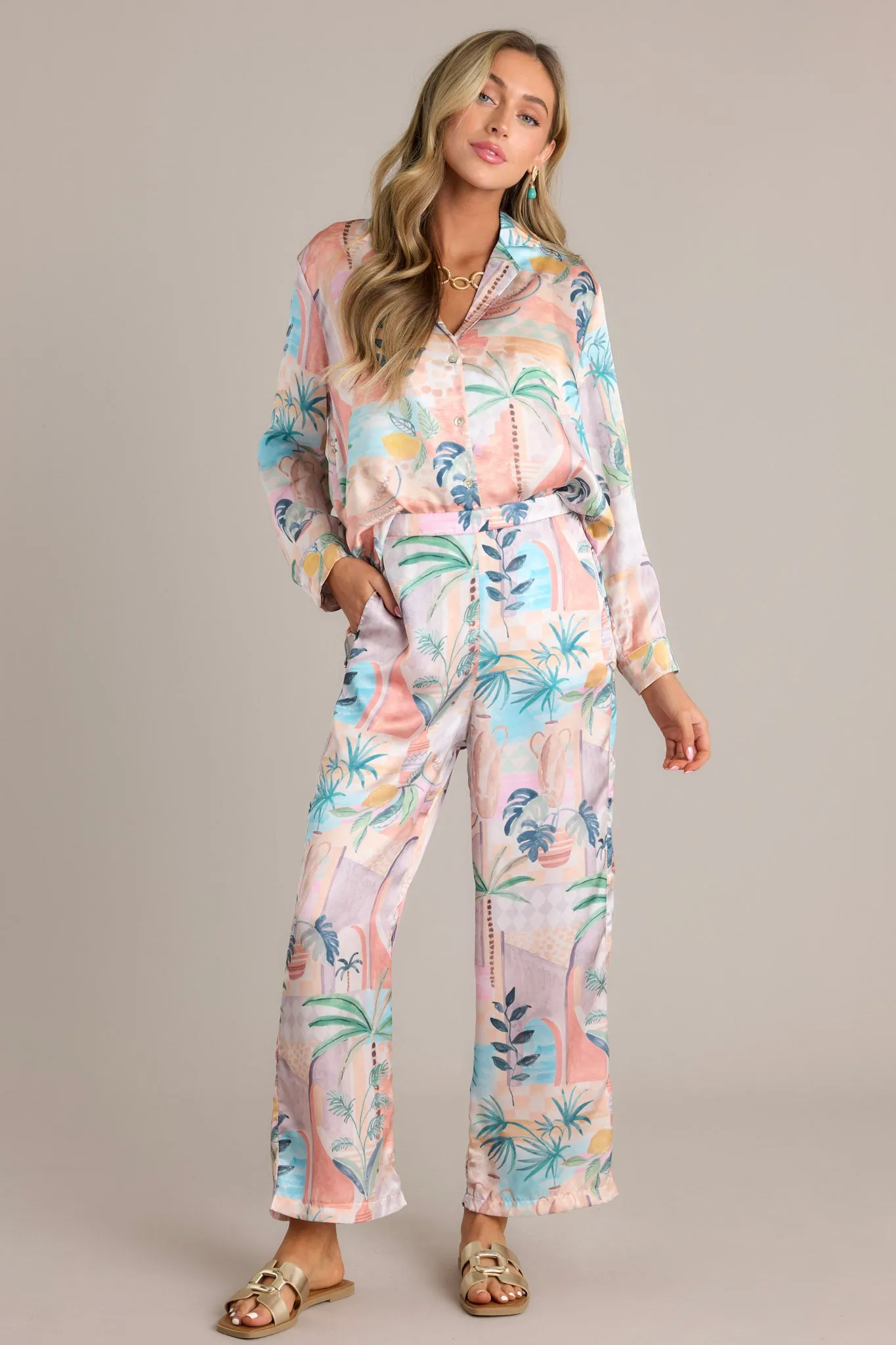 Exotic Breeze Orange Peach Tropical Print Pants