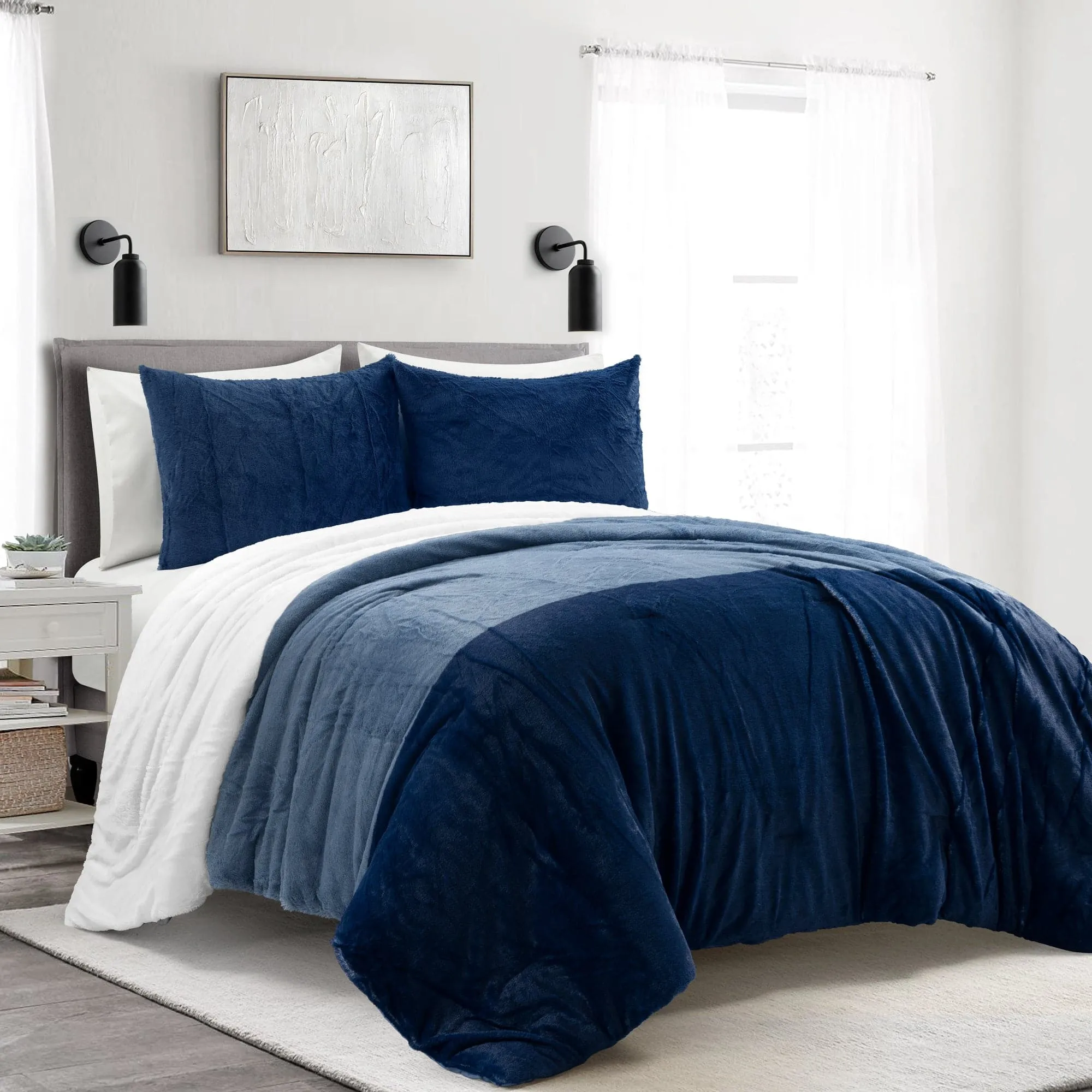 Farmhouse Color Block Ultra Soft Faux Fur Comforter Set