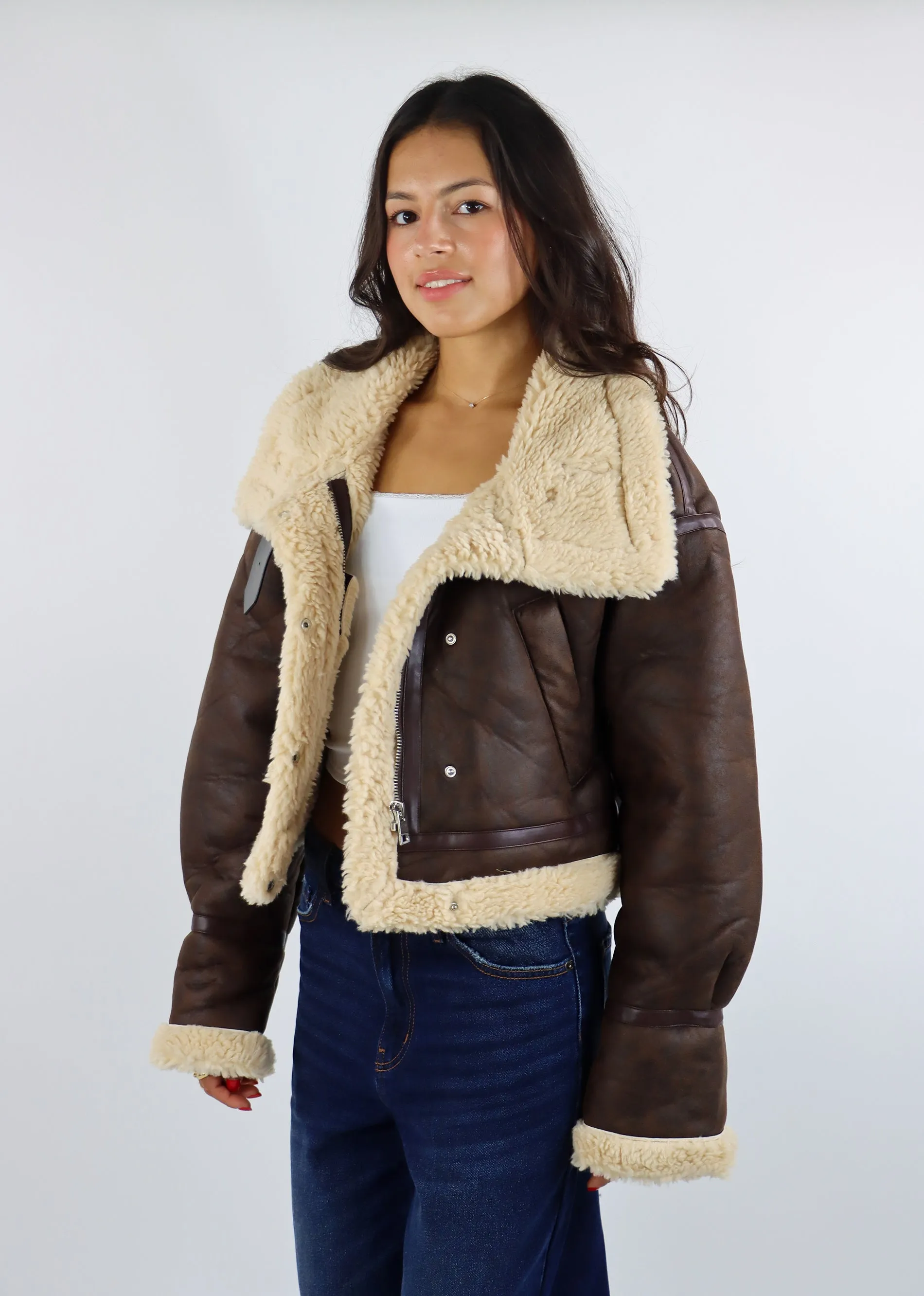 Faux Leather Jacket With Sherpa Detail ★ Brown