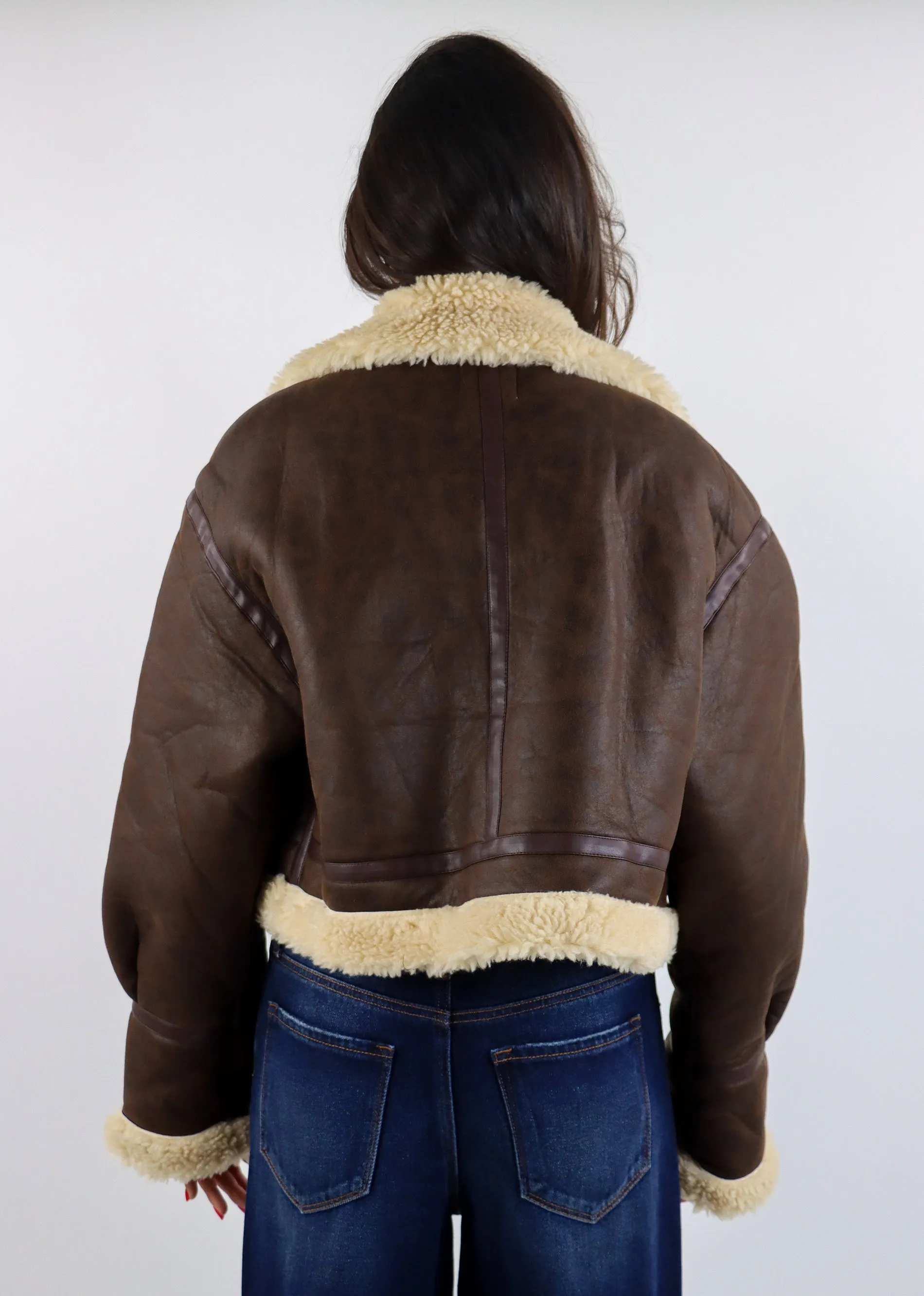 Faux Leather Jacket With Sherpa Detail ★ Brown