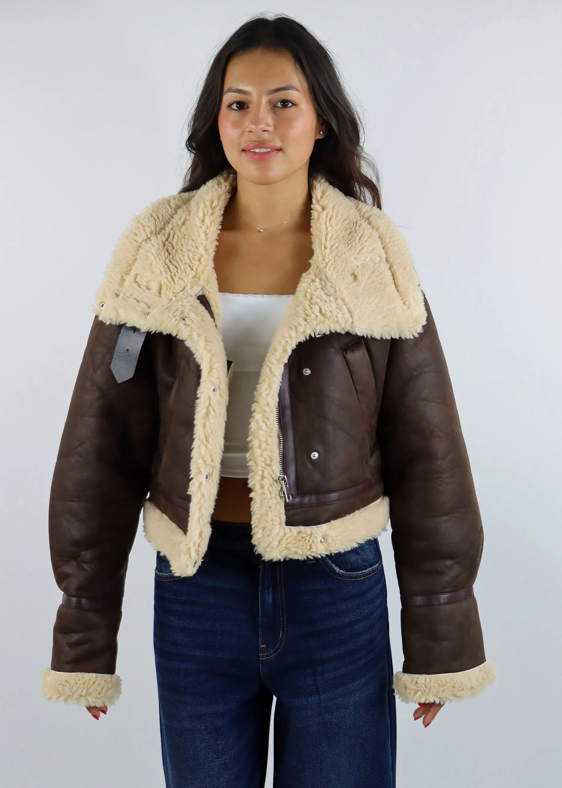 Faux Leather Jacket With Sherpa Detail ★ Brown