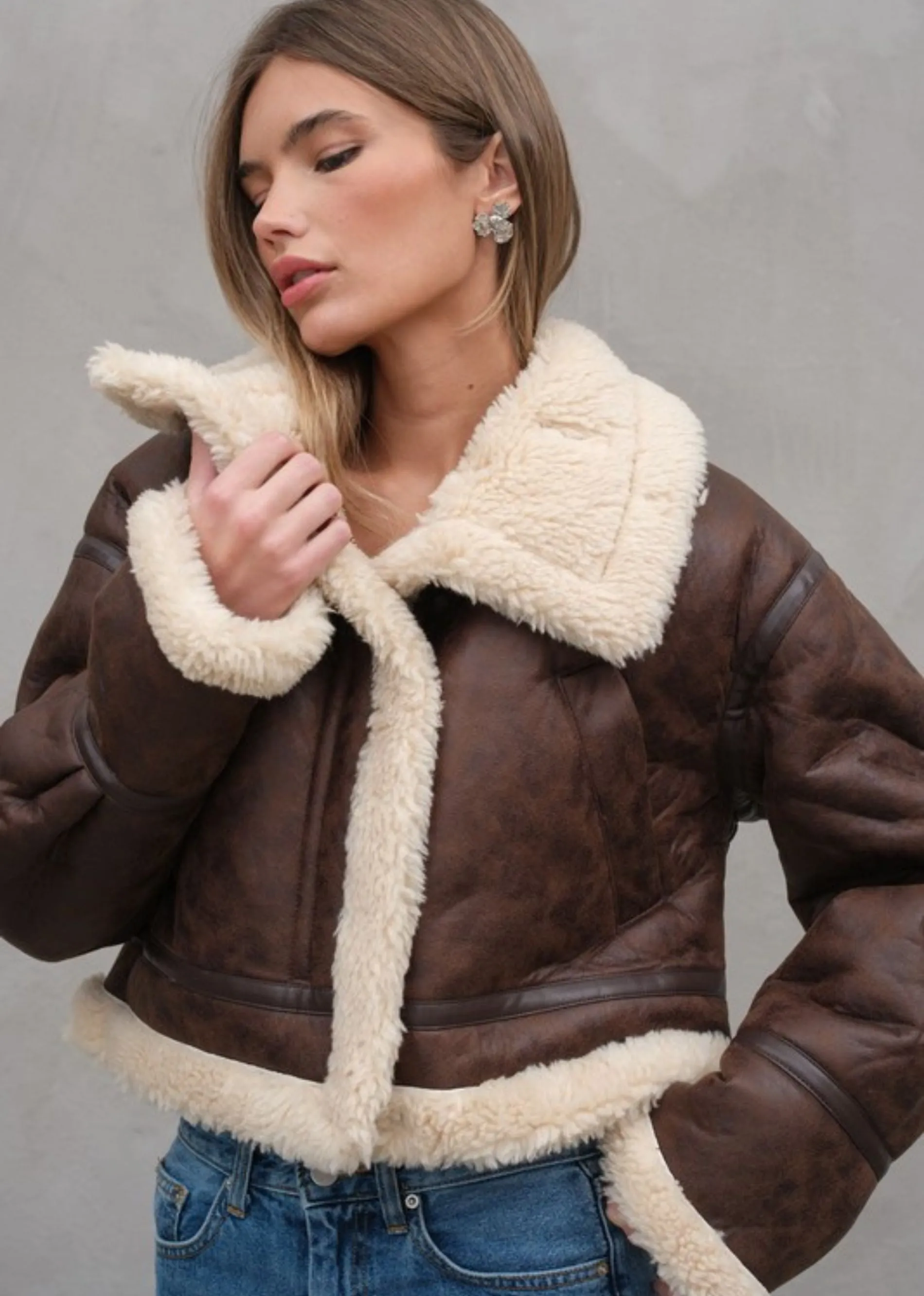 Faux Leather Jacket With Sherpa Detail ★ Brown