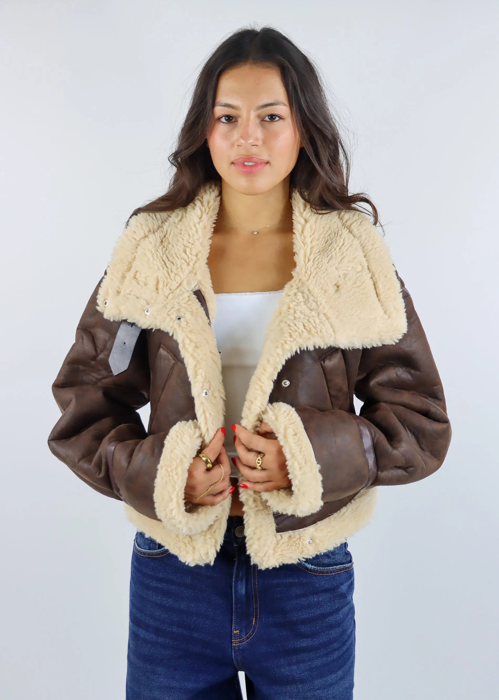 Faux Leather Jacket With Sherpa Detail ★ Brown