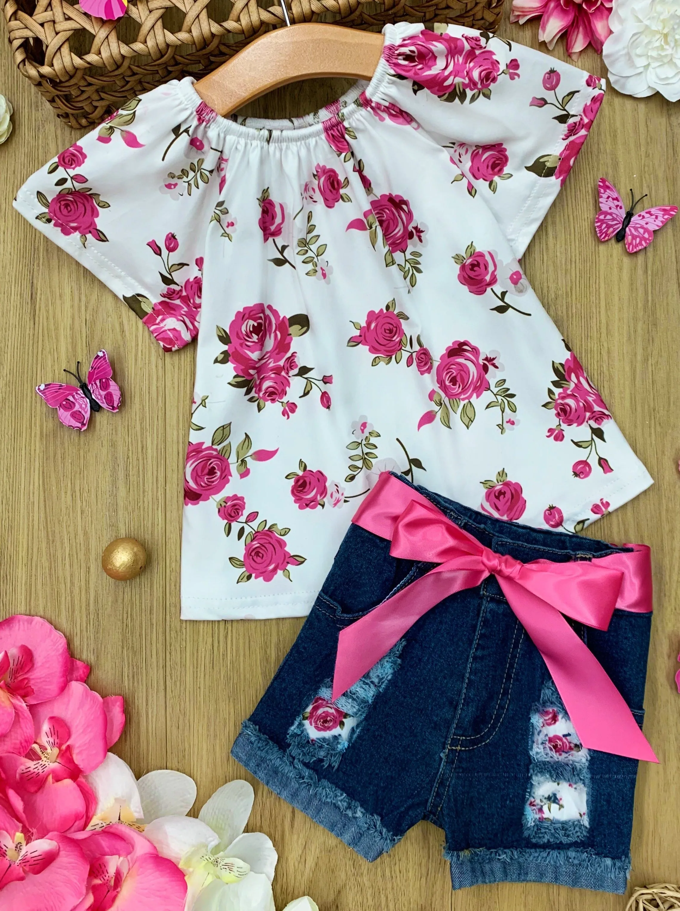 Floral Mood Tunic And Ripped Denim Short Set