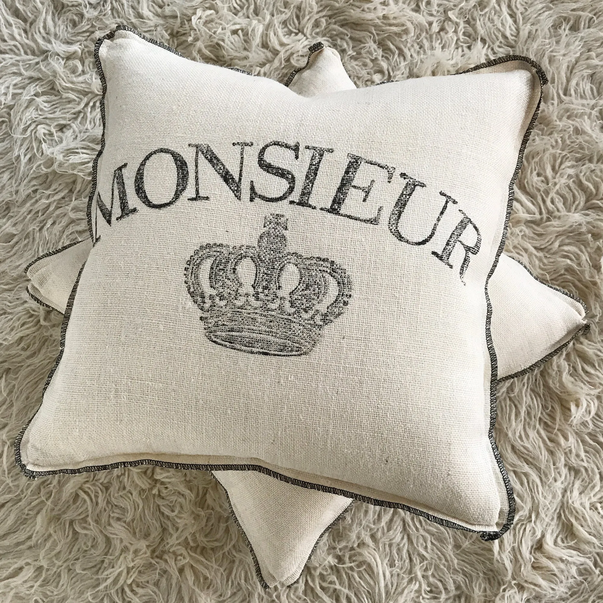 French Country Ivory Burlap "Monsieur" Block Printed Artisan Throw Pillow Cover 20x20