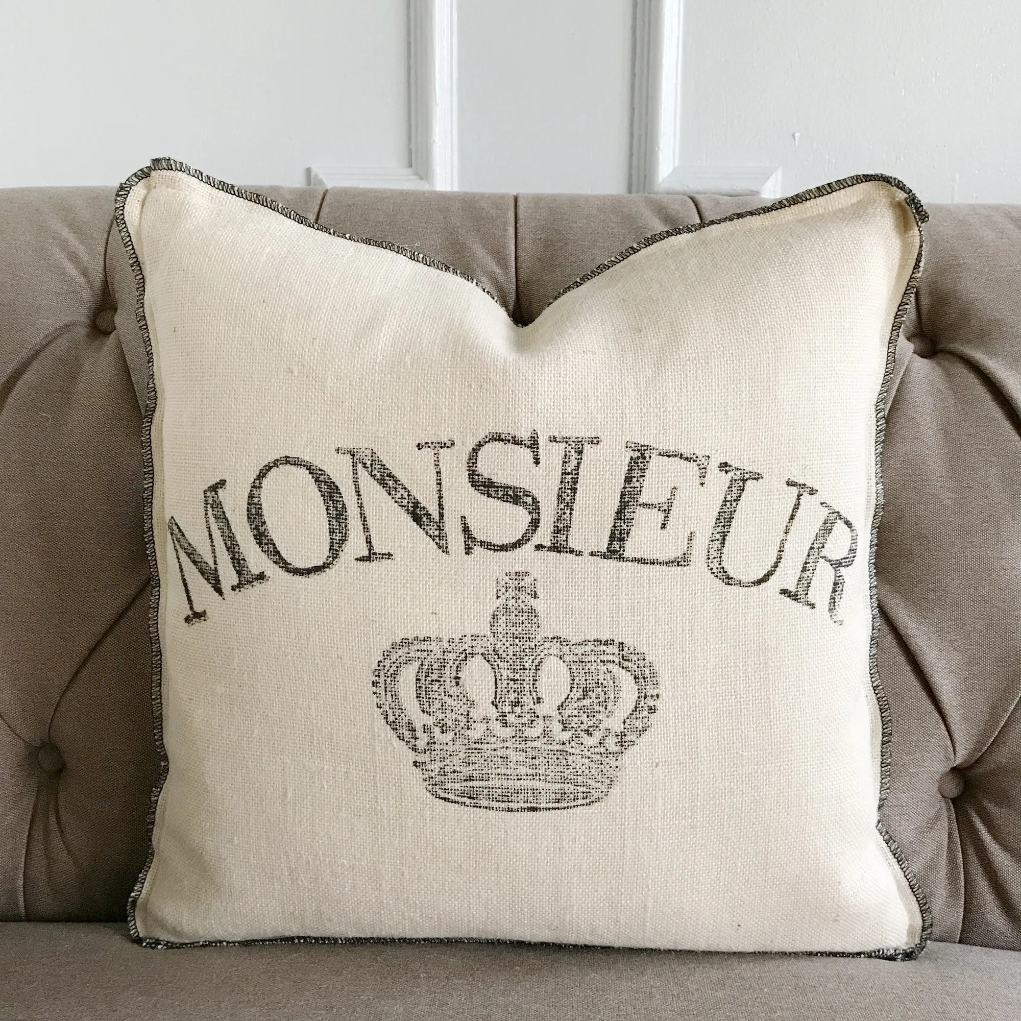 French Country Ivory Burlap "Monsieur" Block Printed Artisan Throw Pillow Cover 20x20