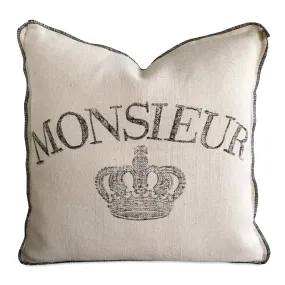 French Country Ivory Burlap "Monsieur" Block Printed Artisan Throw Pillow Cover 20x20