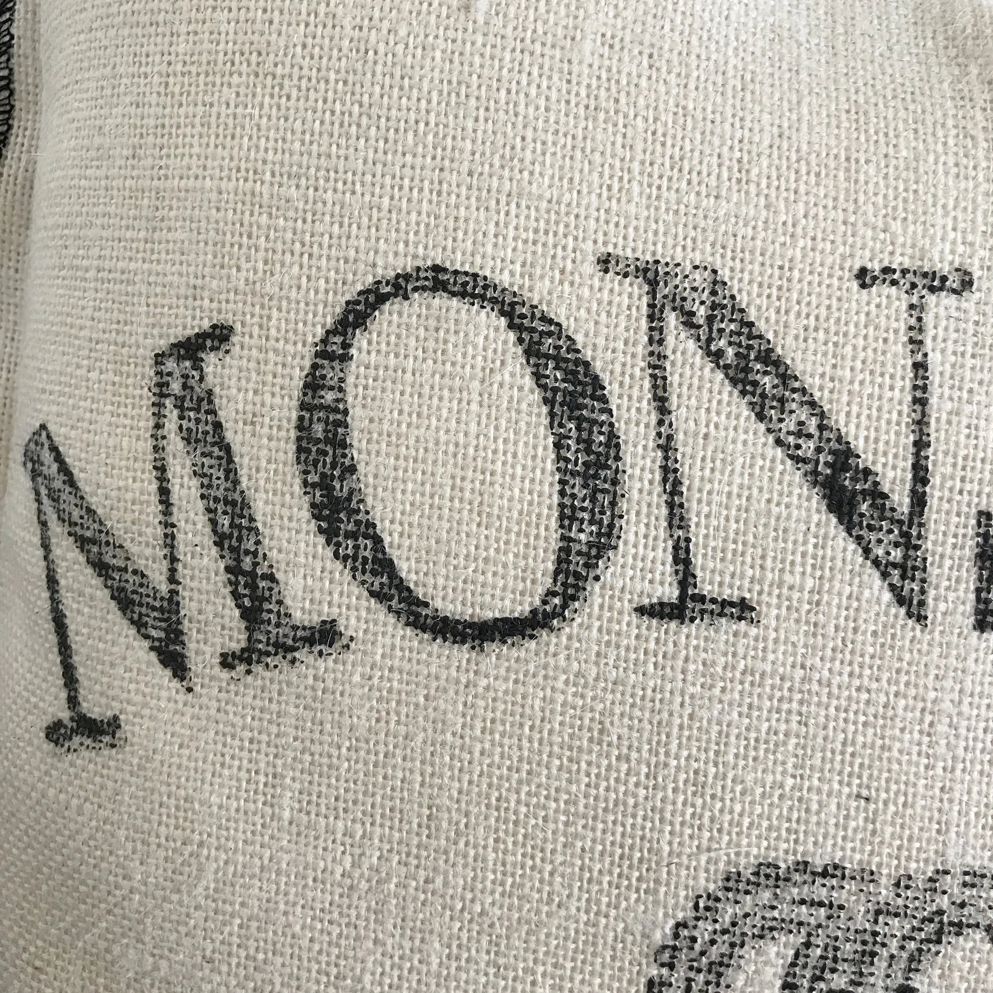 French Country Ivory Burlap "Monsieur" Block Printed Artisan Throw Pillow Cover 20x20