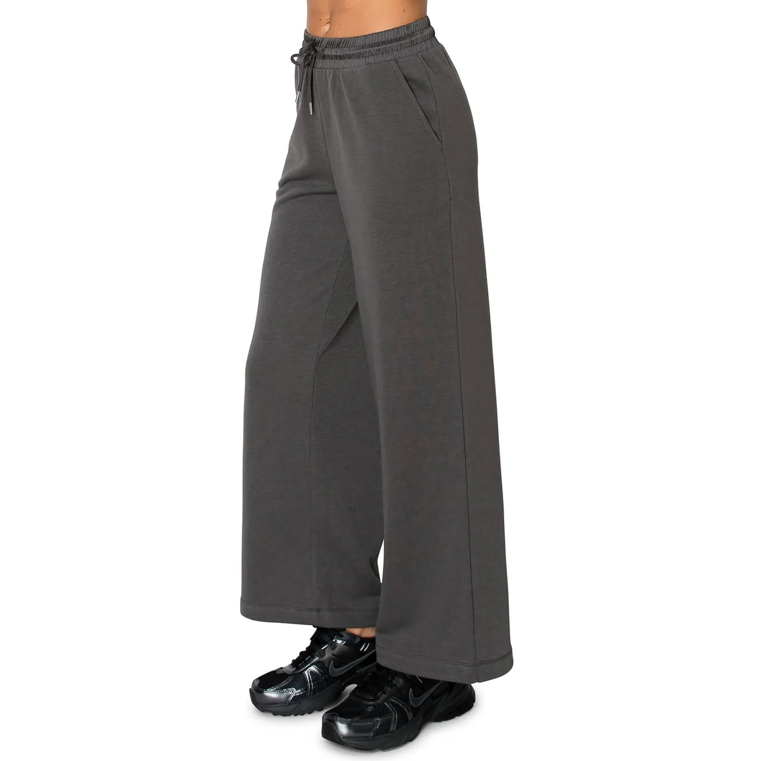 French Terry Wide Leg Pants With Waist Satin Contrast - Dark Grey