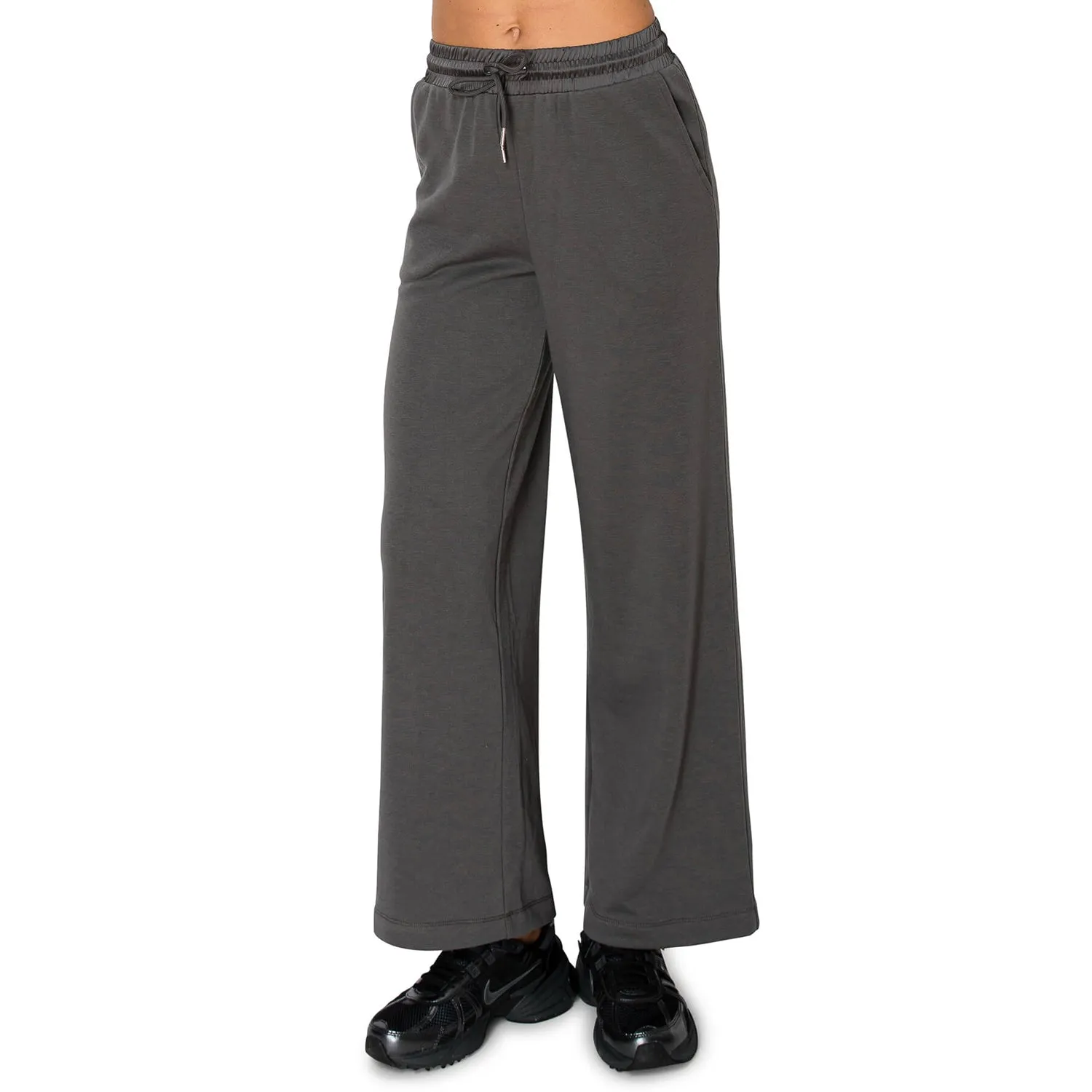 French Terry Wide Leg Pants With Waist Satin Contrast - Dark Grey