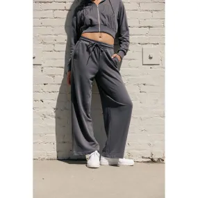 French Terry Wide Leg Pants With Waist Satin Contrast - Dark Grey