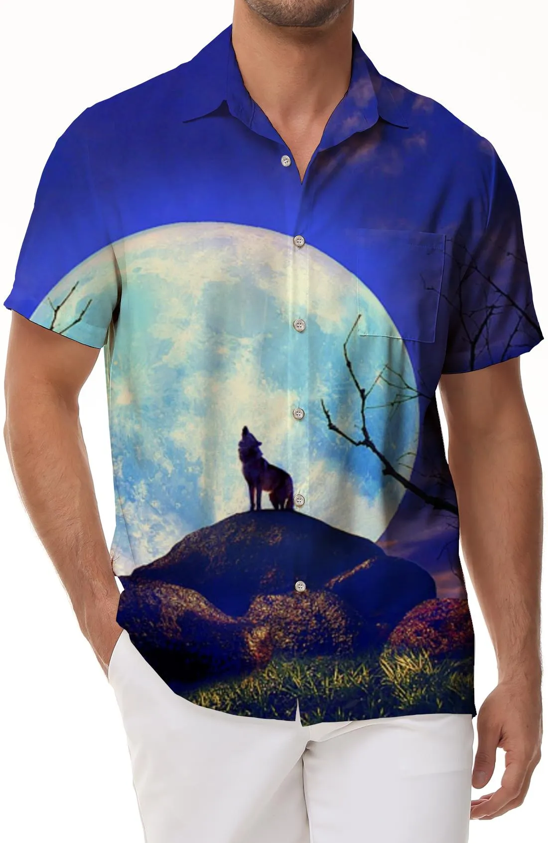 Full Moon Wolf Cub Howling Cool Casual Hawaiian Button Men's Shirt Short Sleeve Beach Vacation Mixed Color