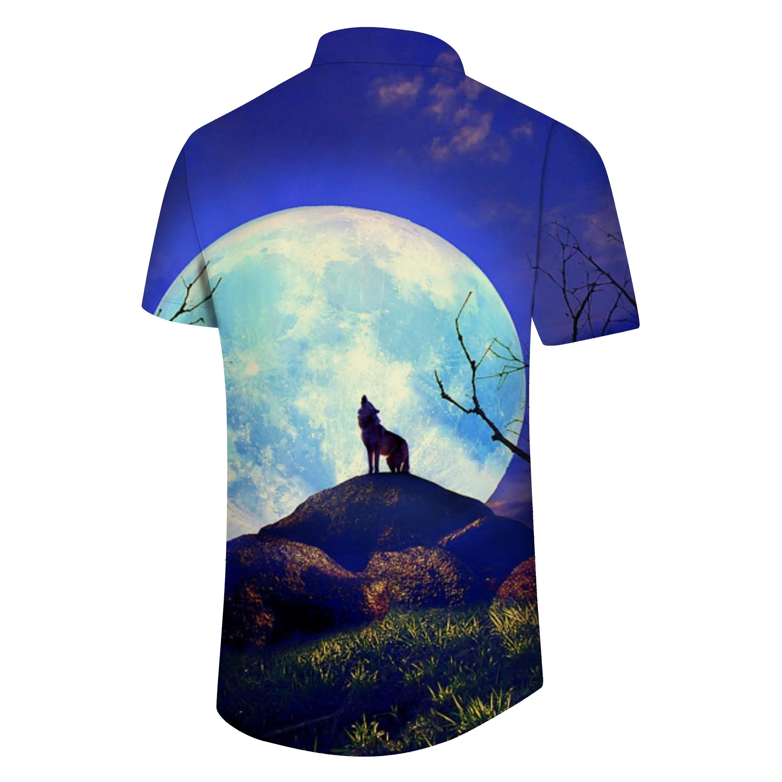 Full Moon Wolf Cub Howling Cool Casual Hawaiian Button Men's Shirt Short Sleeve Beach Vacation Mixed Color