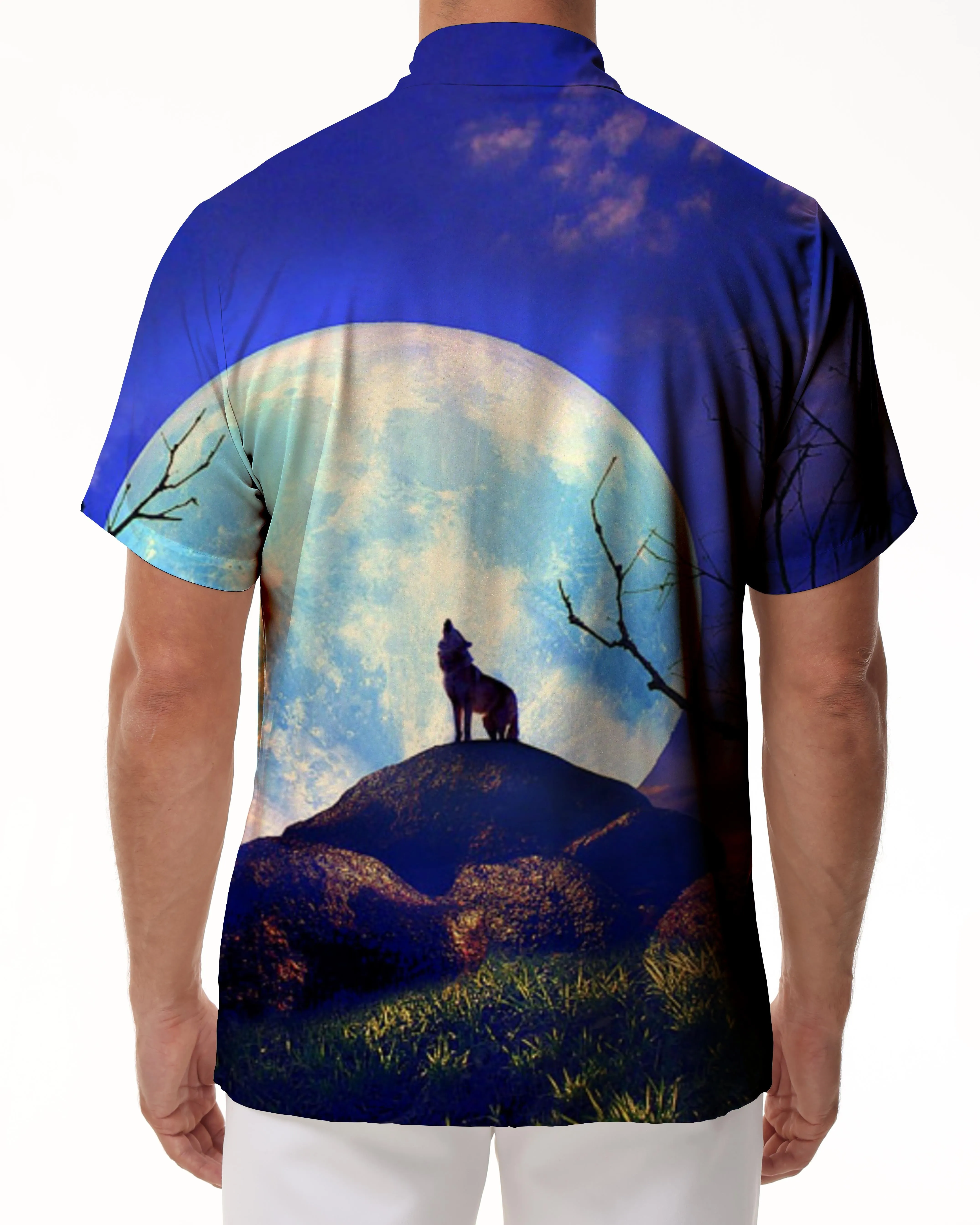 Full Moon Wolf Cub Howling Cool Casual Hawaiian Button Men's Shirt Short Sleeve Beach Vacation Mixed Color