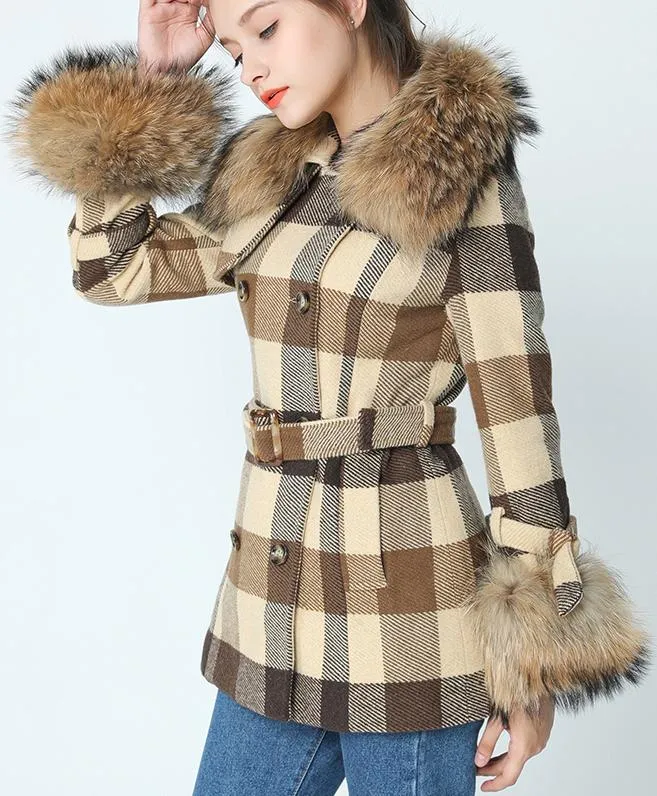 Fur-Trim Short Plaid Wool Coat