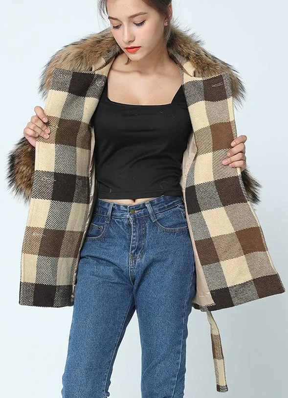 Fur-Trim Short Plaid Wool Coat