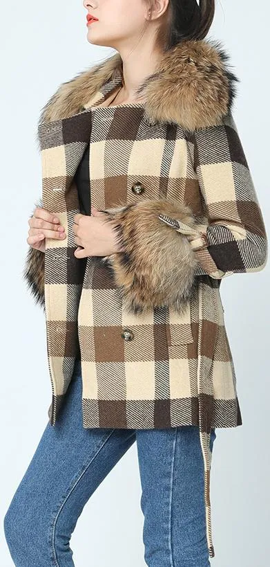 Fur-Trim Short Plaid Wool Coat