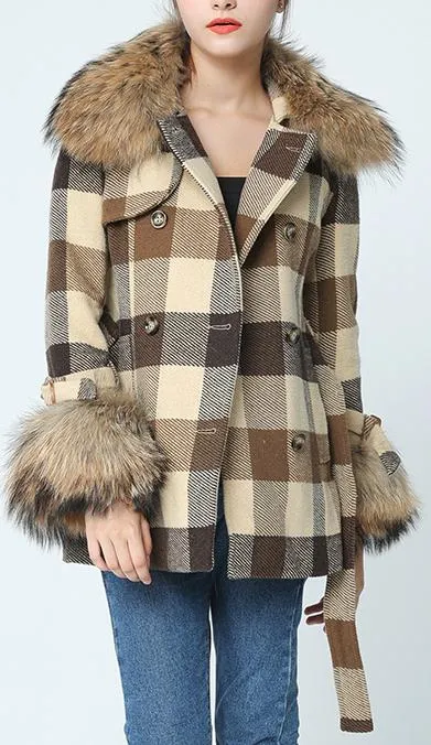 Fur-Trim Short Plaid Wool Coat