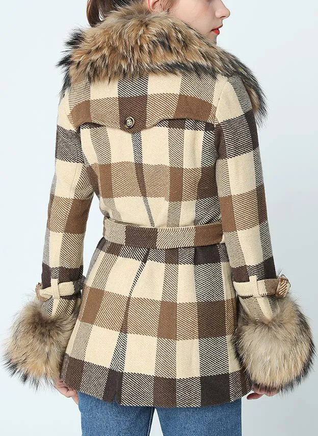 Fur-Trim Short Plaid Wool Coat