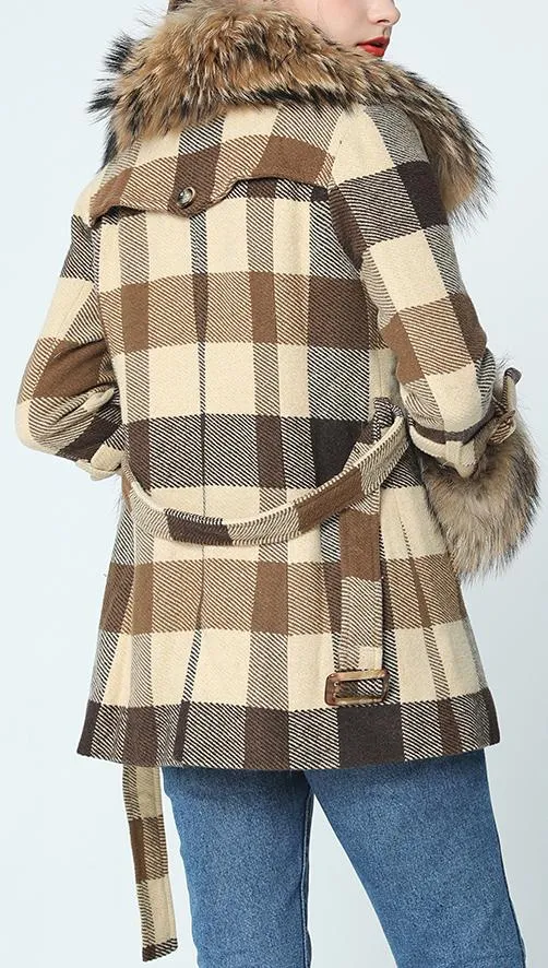 Fur-Trim Short Plaid Wool Coat