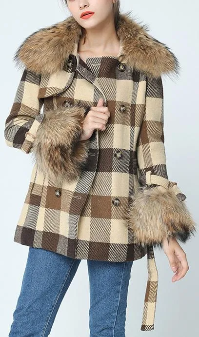 Fur-Trim Short Plaid Wool Coat