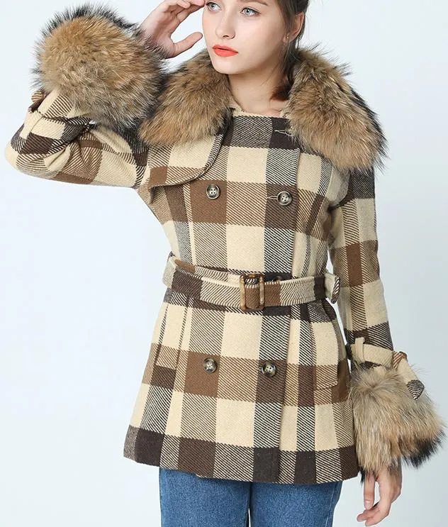 Fur-Trim Short Plaid Wool Coat