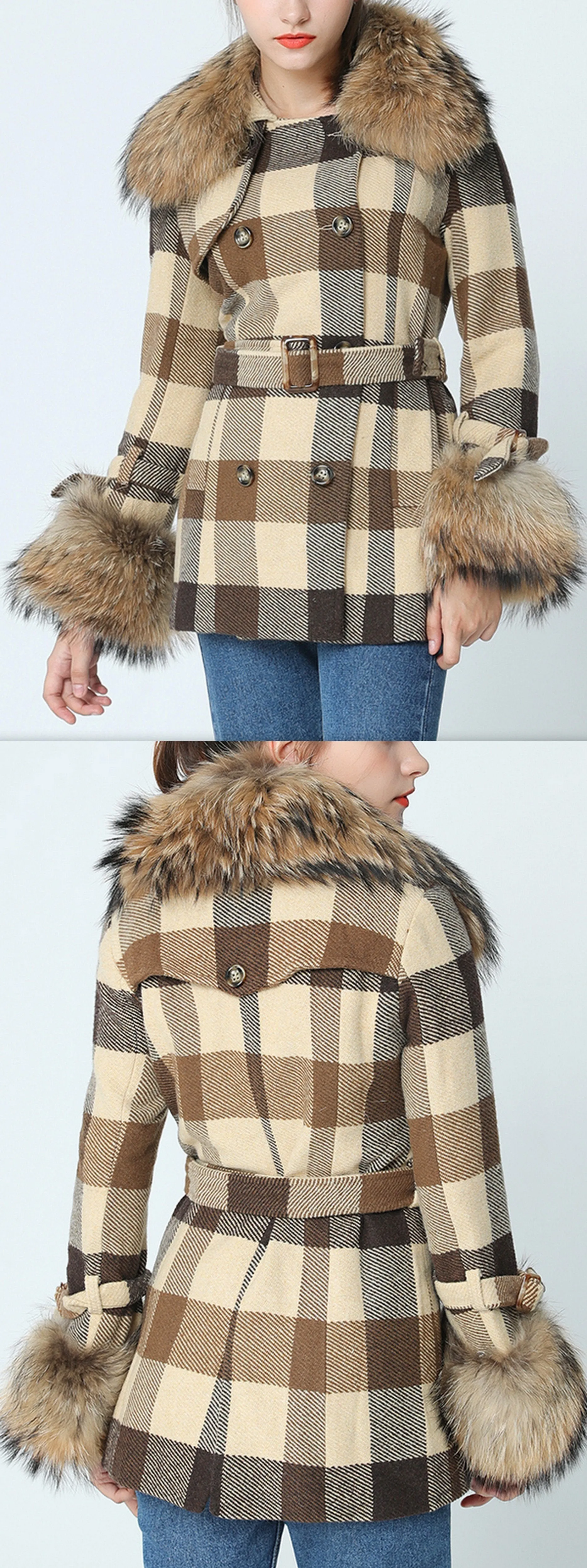 Fur-Trim Short Plaid Wool Coat