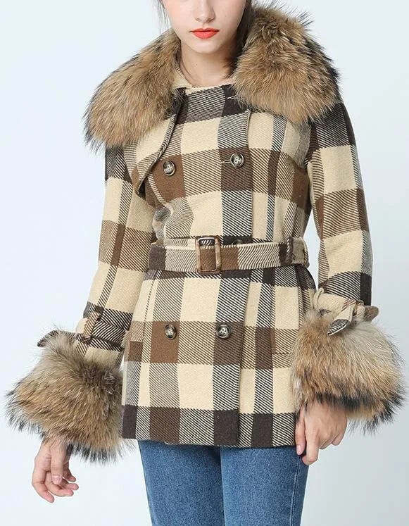 Fur-Trim Short Plaid Wool Coat