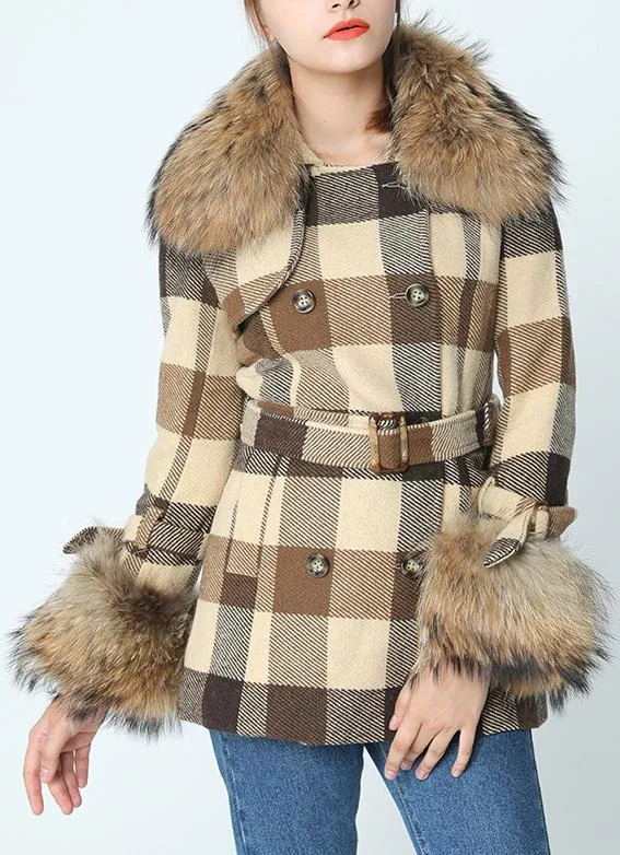 Fur-Trim Short Plaid Wool Coat