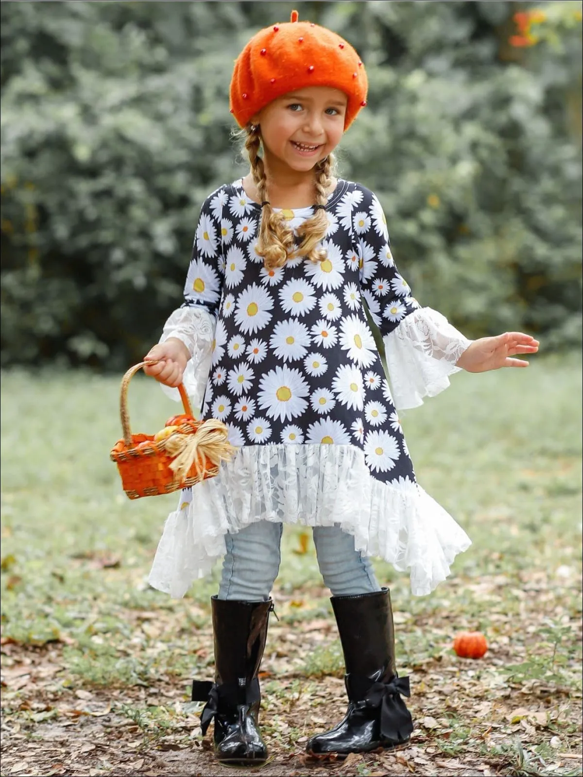 Girls Black Daisy Print Sidetail Lace Boho Sleeve Tunic