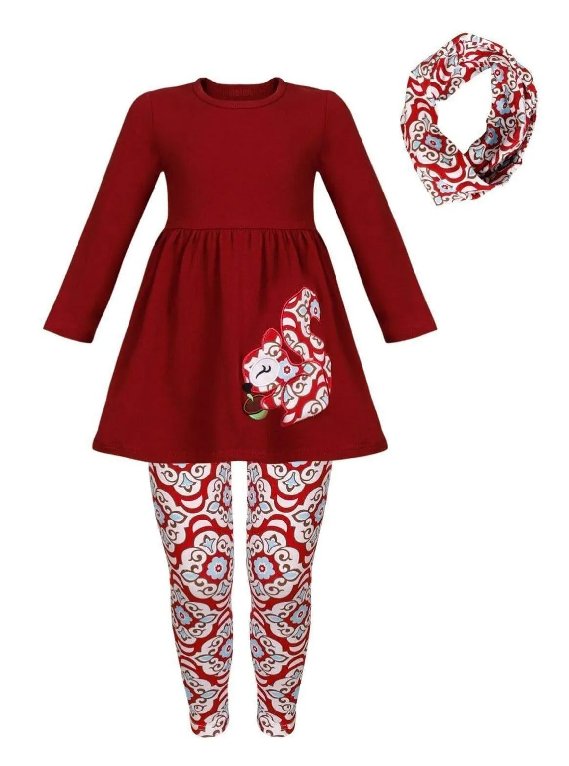 Girls Burgundy Long Sleeve Squirrel Applique Tunic, Medallion Print Leggings And Scarf Set