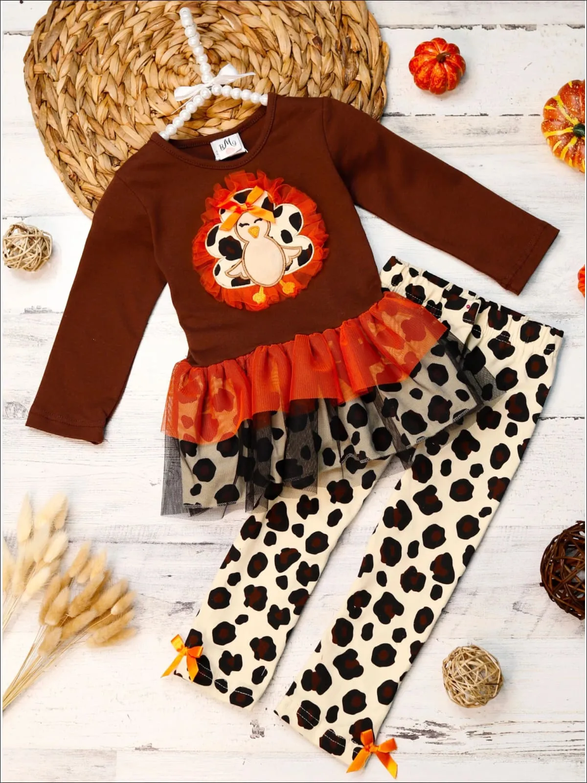 Girls Leopard Turkey Ruffled Peplum Tunic and Legging Set