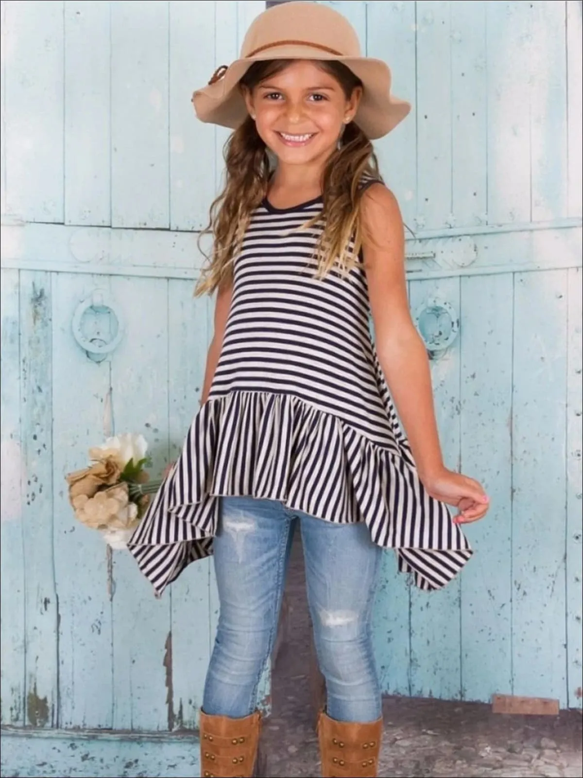 Girls Navy And Oatmeal Striped Side Tail Ruffle Hem Tunic