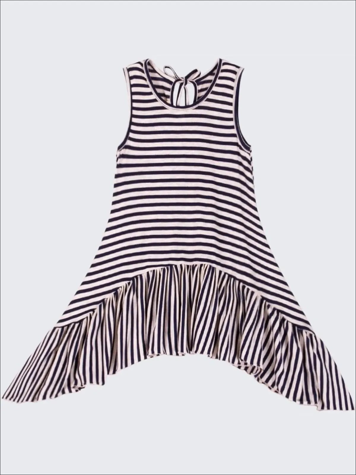 Girls Navy And Oatmeal Striped Side Tail Ruffle Hem Tunic