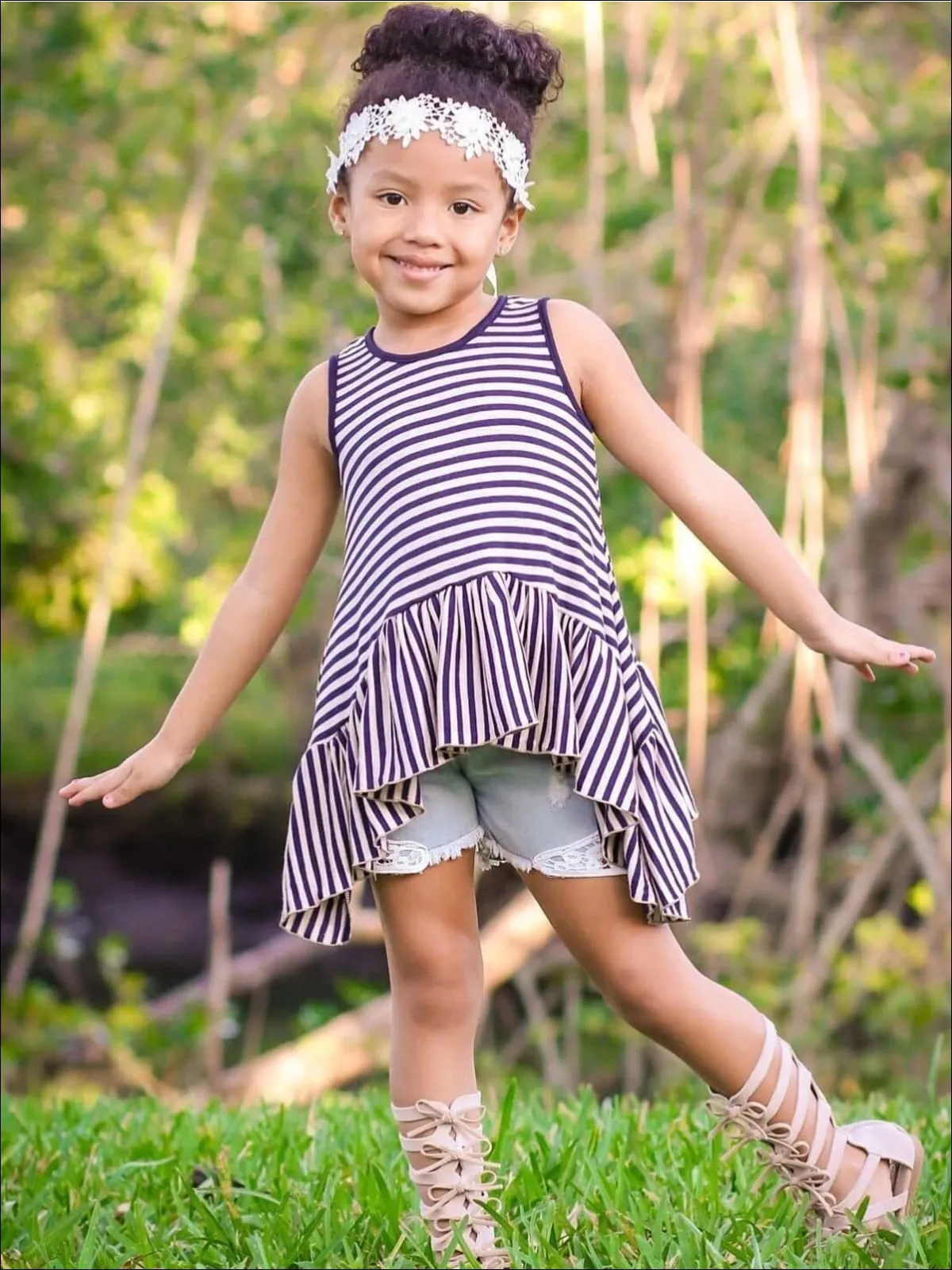 Girls Navy And Oatmeal Striped Side Tail Ruffle Hem Tunic